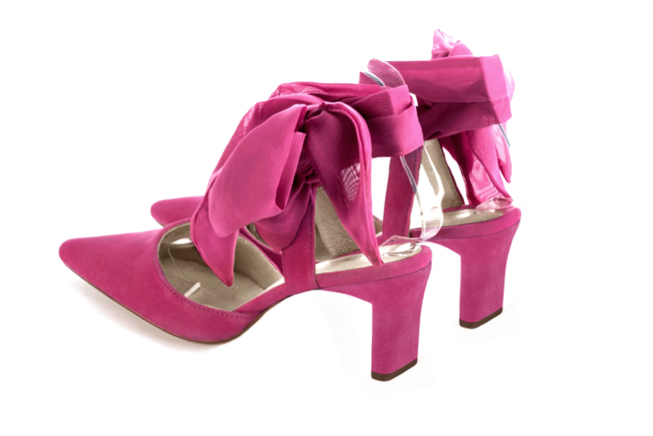 Fuschia pink women's open back shoes, with an ankle scarf. Tapered toe. Medium spool heels. Rear view - Florence KOOIJMAN